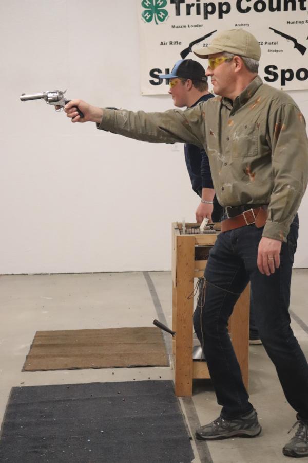 Chapter members Mark Studt and Luke Murphy facing off in the quick draw challenge in Winner, South Dakota.  