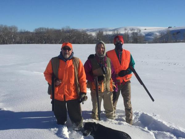 Headwaters Chapter members Doug Williams, Kirk Miller and Mark Studt (L to R), taking a cold day hunt on the Teton River property. 